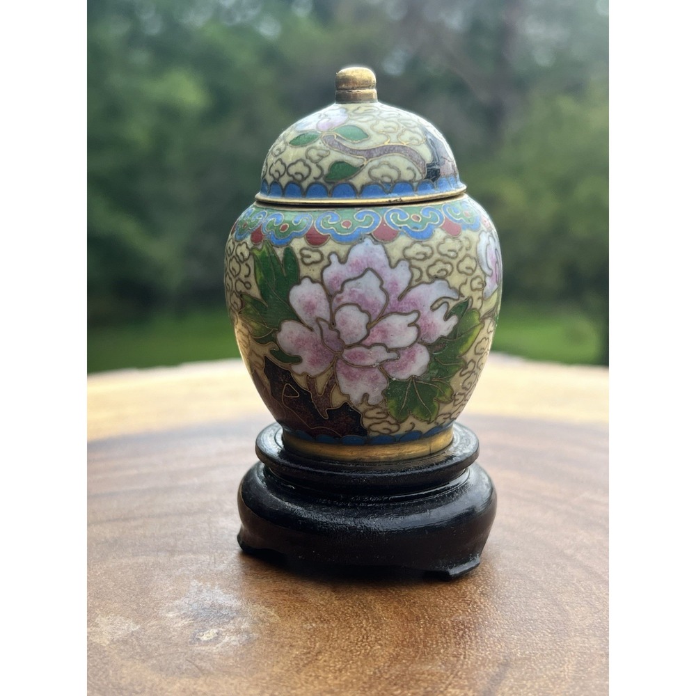 Vintage Chinese Cloisonne Mini Ginger Jar Lid Wood Stand Floral Enamel 2.75"